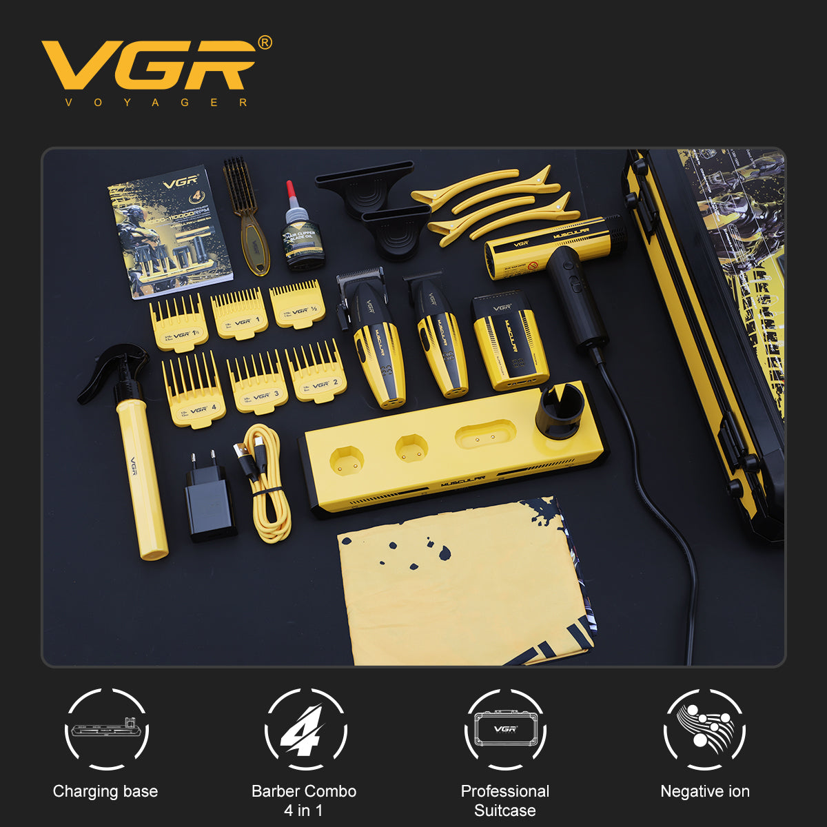 VGR V-285 S4 – teljes professzionális barber szett táskával, feltétekkel és tartozékokkal